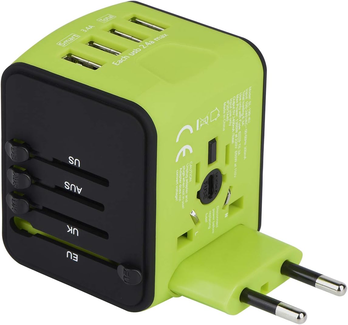 Universal Travel Adapter, Castries All-in-one Worldwide Travel Charger Travel Socket, International Power Adapter with 4 USB Ports, AC Plug for US EU UK AU & Asian Countries, Green