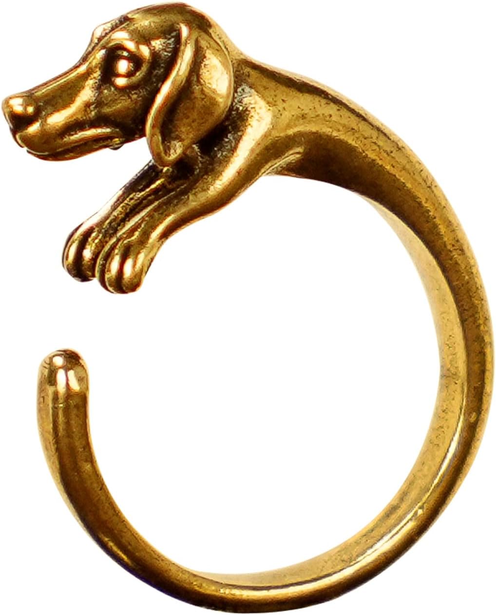 CHOVY Adjustable Dachshund Dog Ring in Solid Brass - Vintage Distressed Open Band Pet Lover Jewelry, Unisex Sizing Adjustable Finger Ring for Him/Her, Gothic Boho Animal Theme Statement Piece