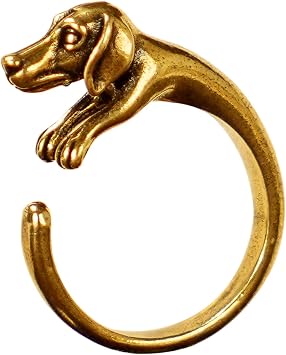 CHOVY Adjustable Dachshund Dog Ring in Solid Brass - Vintage Distressed Open Band Pet Lover Jewelry, Unisex Sizing Adjustable Finger Ring for Him/Her, Gothic Boho Animal Theme Statement Piece