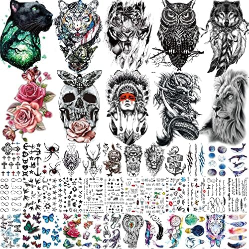 COKTAK 46 Sheets Large Dragon Lion Temporary Tattoo For Men Adults, Realistic Tiger Wolf Owl Flower Fake Tattoos For Women Thigh Arm Face, 3D Kids Small Finger Butterfly Tattoos Temporary Sticker Set