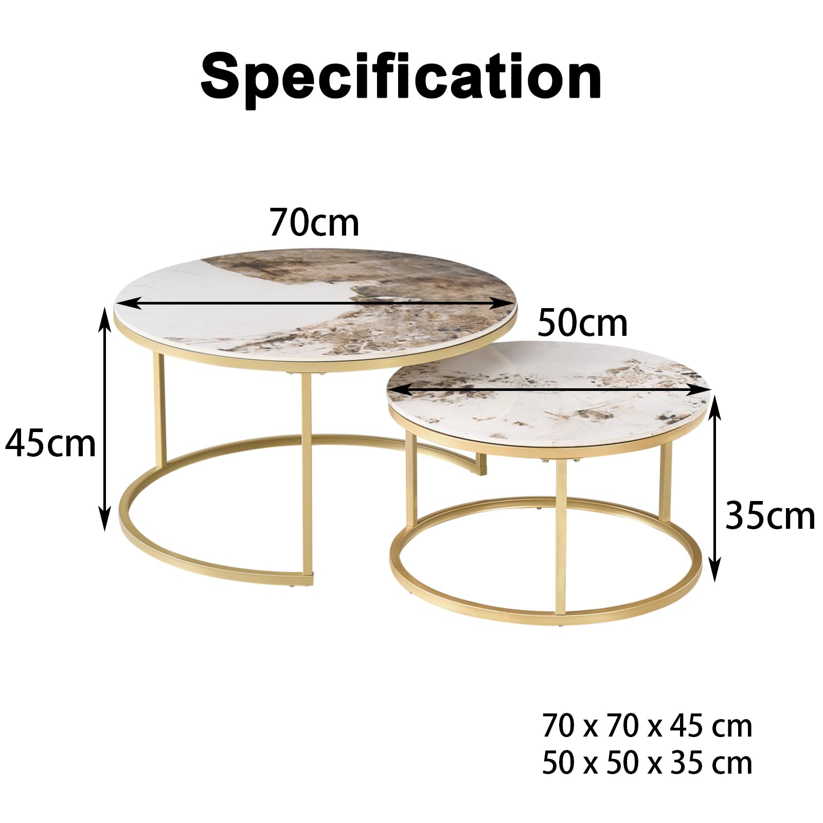 Set di 2 Tavolini da Caffè Impilabili in Marmo con Piano in Marmo Pandora e Struttura in Metallo Dorato, Tavolino Rotondo Moderno da Soggiorno - 70 x 70 x 45 cm