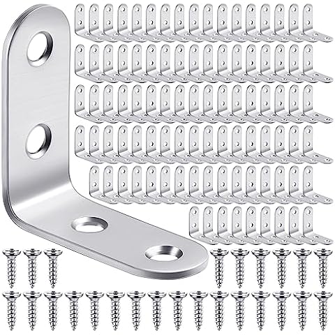 Pelopy 100 Pcs L Shaped Bracket Corner Brace Stainless Steel 90 Degree Corner Brace Heavy Duty Right Angle Bracket for Wood Furniture Chair Drawer Cabinet with Screws (1.57 x 1.57 Inch) Cover