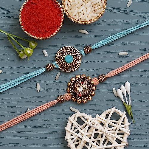 Image of eCraftIndia Set of 2 Yellow, White & Maroon Designer Diamond Rakhis with Roli Chawal Pack