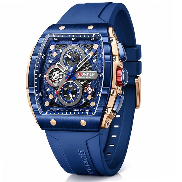 PASOY Luxury Chronograph Watches for Mens Rubber Strap Black Waterproof Date Analog Quartz Watch