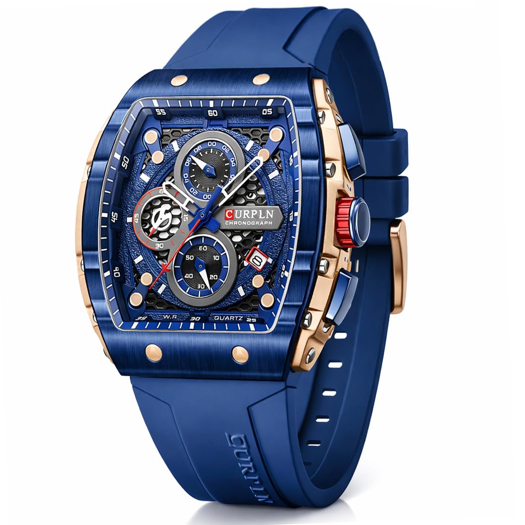 PASOY Luxury Chronograph Watches for Mens Rubber Strap Black Waterproof Date Analog Quartz Watch