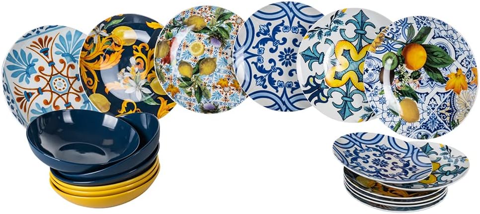 Villa d'Este Home Tivoli Italian Beauty 5911286 18-Piece Porcelain and Stoneware Dinner Set with 6 Different Places