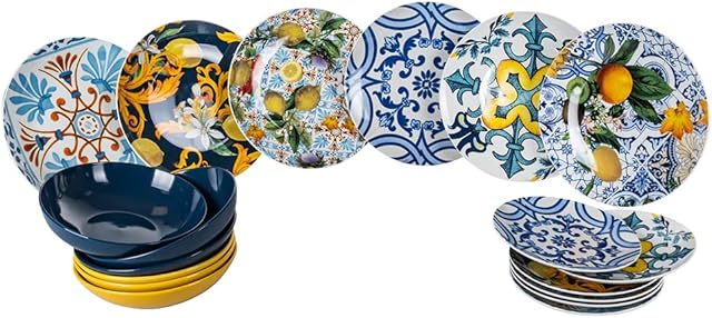 Villa d'Este Home Tivoli Set of 18 Porcelain and Stoneware Plates, 6 Different Table Places, Italian Beauty, 5911286