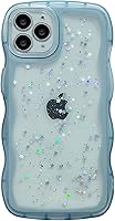 Vista 147 de Qokey para iPhone 14 Plus Funda de 6.7" con diseño de borde ondulado rizado, transparente, con purpurina, brillo, estrellas, brillante, lindo