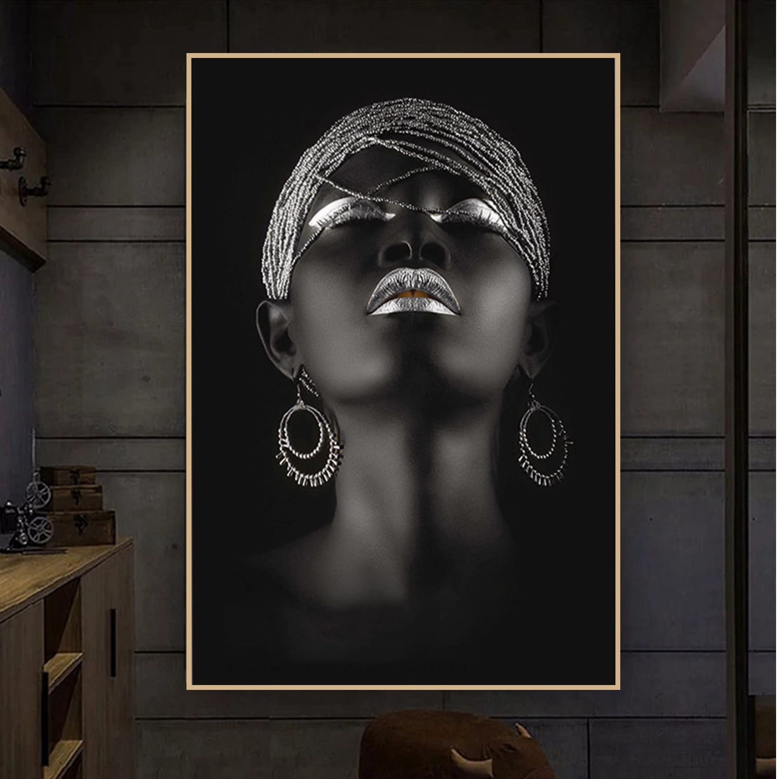 Vintage Leinwandbild 'Afrikanische Frau' Schwarz-Gold, 20x40 Cm – Moderne Wanddekoration Ohne Rahmen