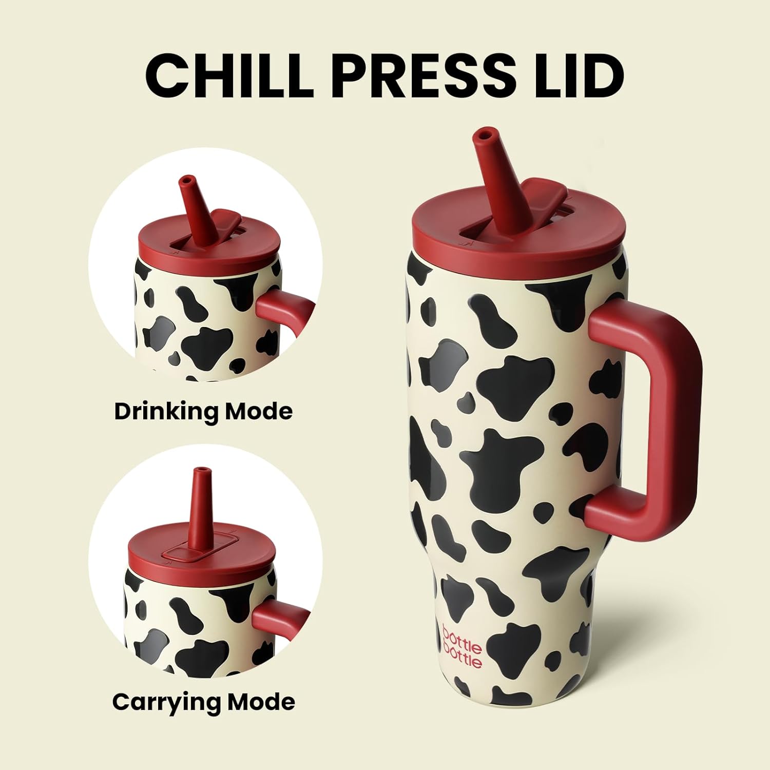 BOTTLE BOTTLE 30 oz Tumbler with Lid and Straw, Stainless Steel Travel Mug, Tumbler with handle, Water Bottle with straw for College Office, Gifts for Women Him Her (Cow) - Image 3