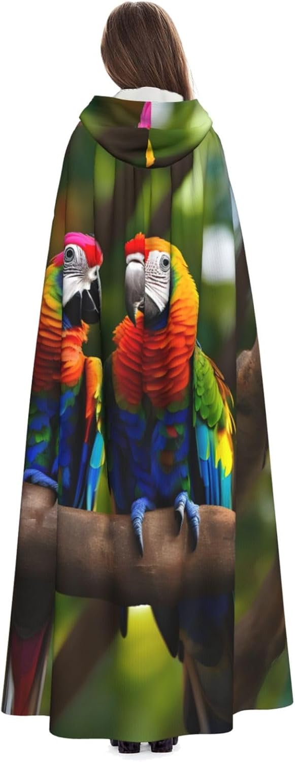 Colorful Parrots On Tree print Halloween Hooded Robe Cloak for Adult Men Women Wizard Vampire Knight Fancy Cape Costume