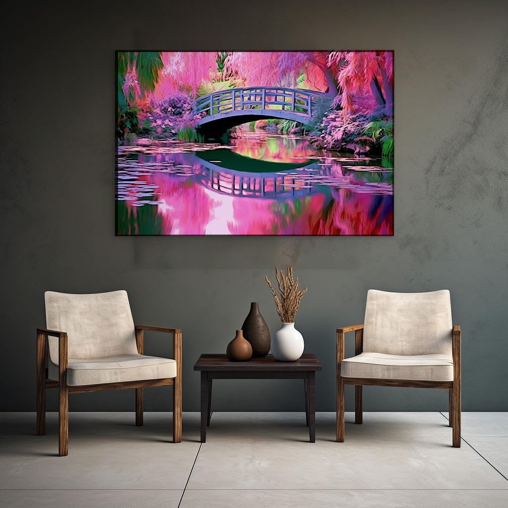 Canvas for Living room. Bridging Tranquility: A Digital Oil Pastel Oasis Bathed in Soft Pink Hues, 27 x 18 inch Canvas Wall Art - Contemporary Masterpieces - Zen Wall Decor