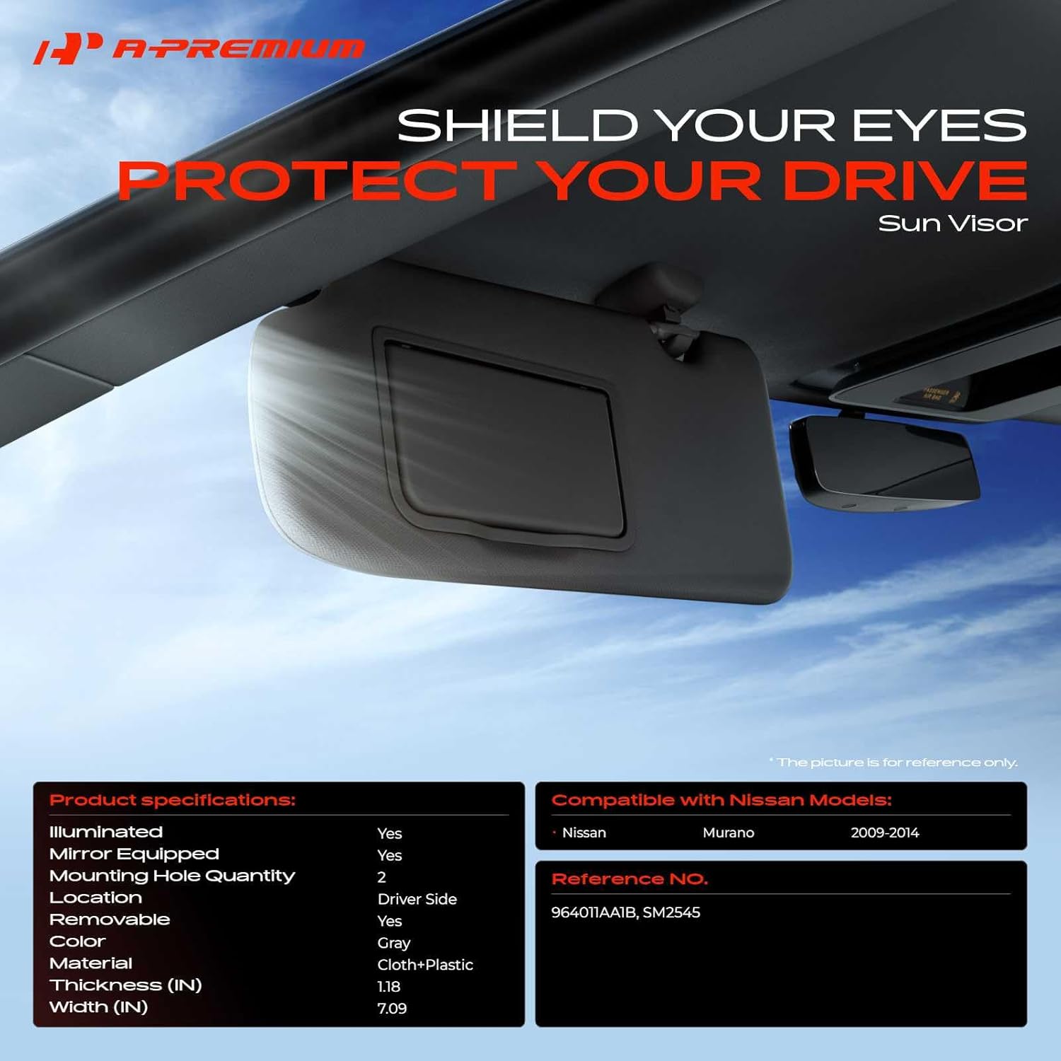 A-Premium Driver Left Side Sun Visor Compatible with Nissan Murano 2009 2010 2011 2012 2013 2014 - with Vanity Mirror, with Vanity Light, with sliding extension, Gray Color - Replaces 964011AA1B