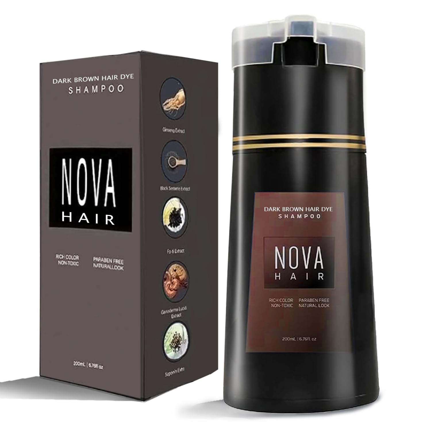 Nova Hair Dye Shampoo,Nova Hair Instant,Nova Hair Dye Shampoo 3 in 1, for Men & Women. (200ml Dark Brown)