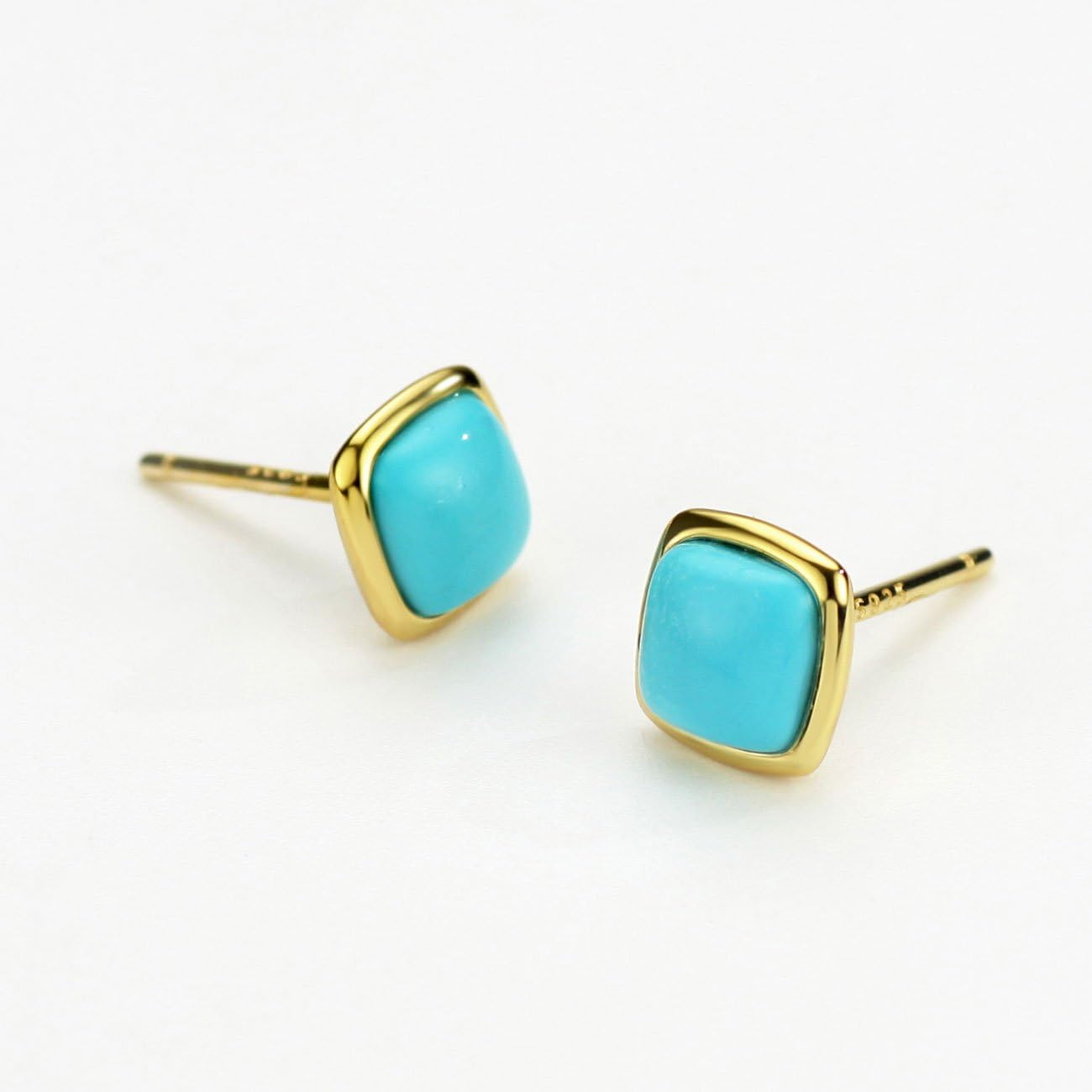 Sterling Silver Turquoise Stud Earrings for Women Cushion Cut 18K Gold Plated Women's Earrings - Image 2