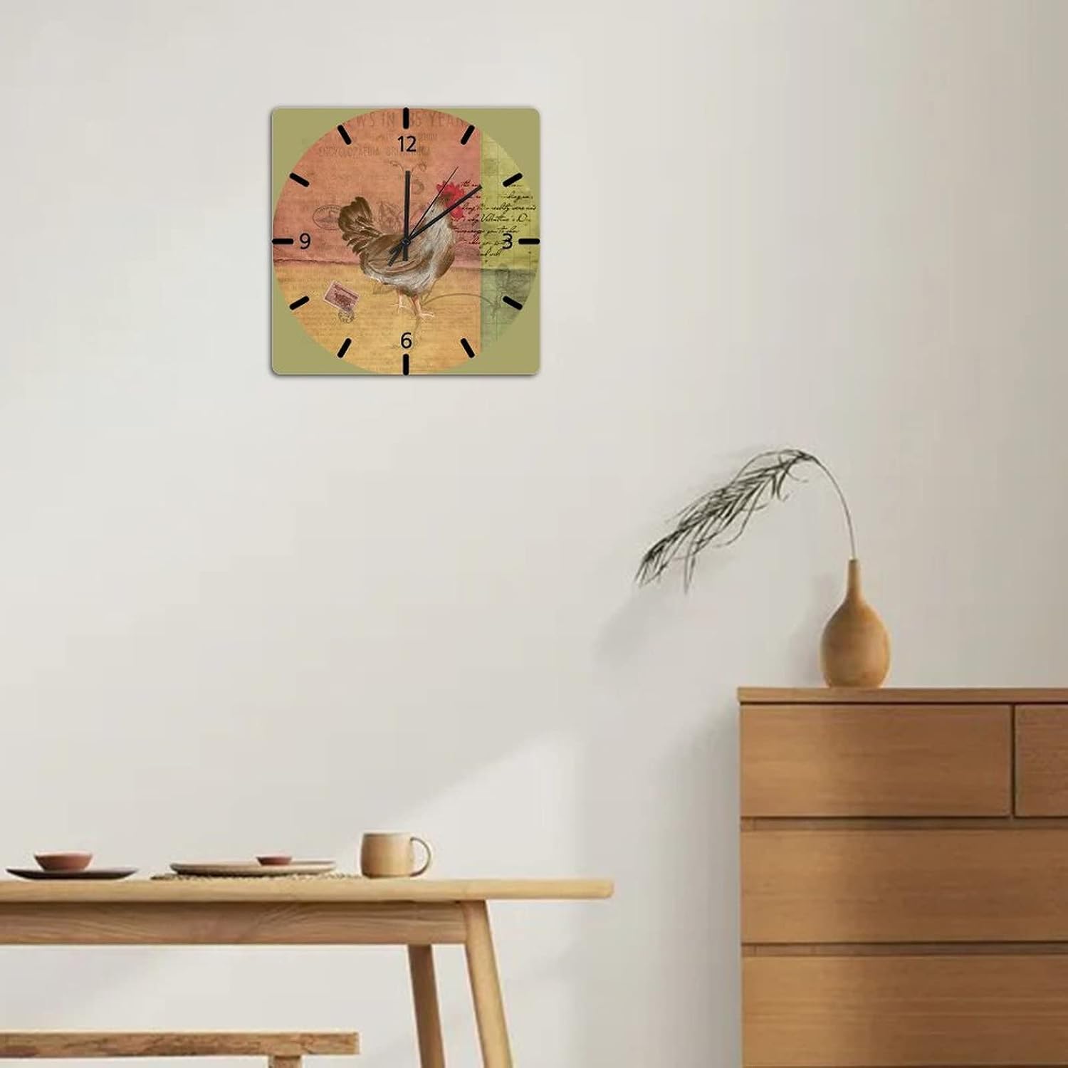Vintage Rooster Postcard Stamps Wooden Wall Clocks 10in Wooden Clock Arts and Crafts Postcard Stamps Quartz Analog Battery Operated Popular Wall Decor for Mantel Dining Room Office Terrace image 4