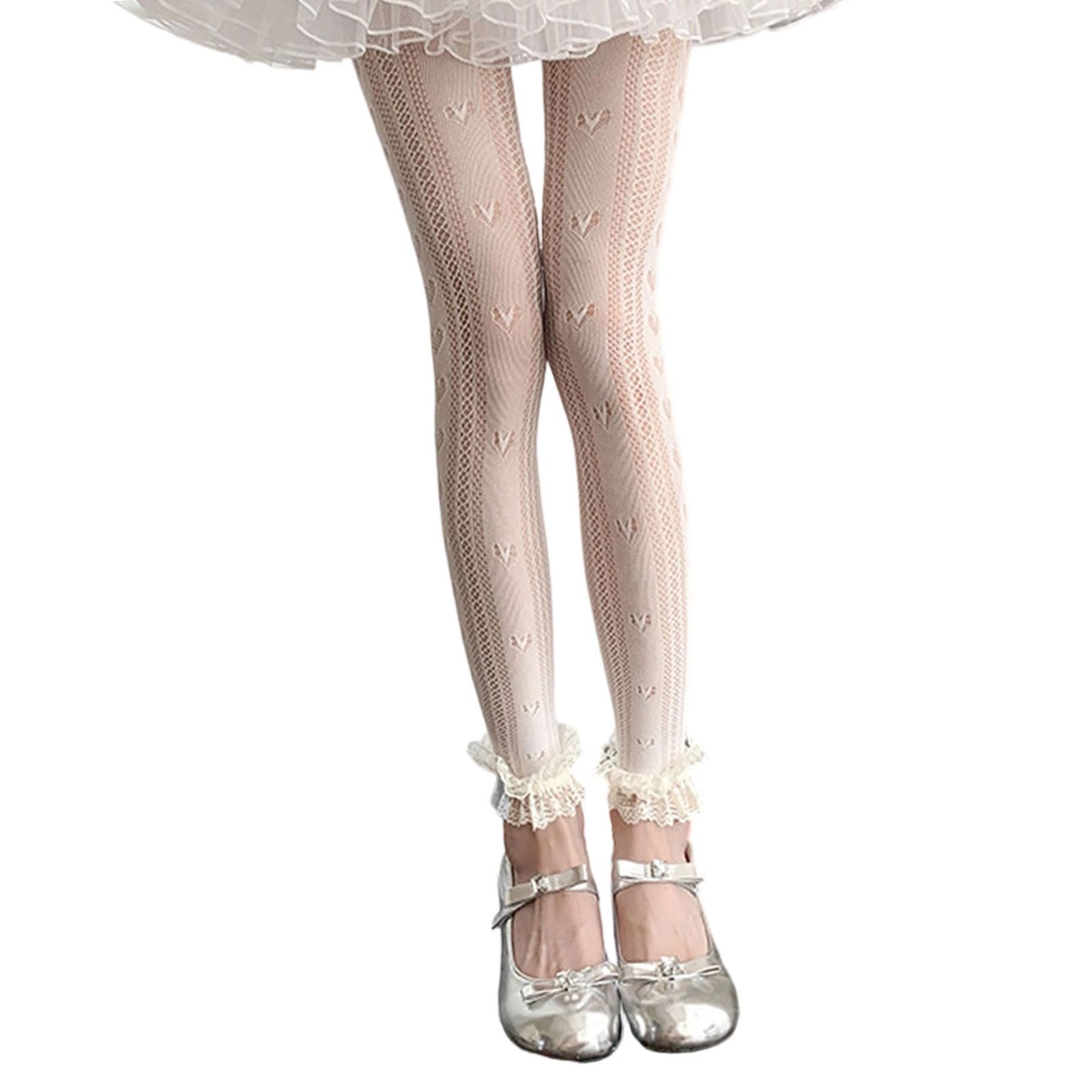 Zkydhbd Unisex Beige Women's Footless Ankle Tights Fishnets Stockings With Lace Trim Elegant Heart Pattern Not Toes Pantyhose Mesh Leggings Ankle Length Fishnets Tights