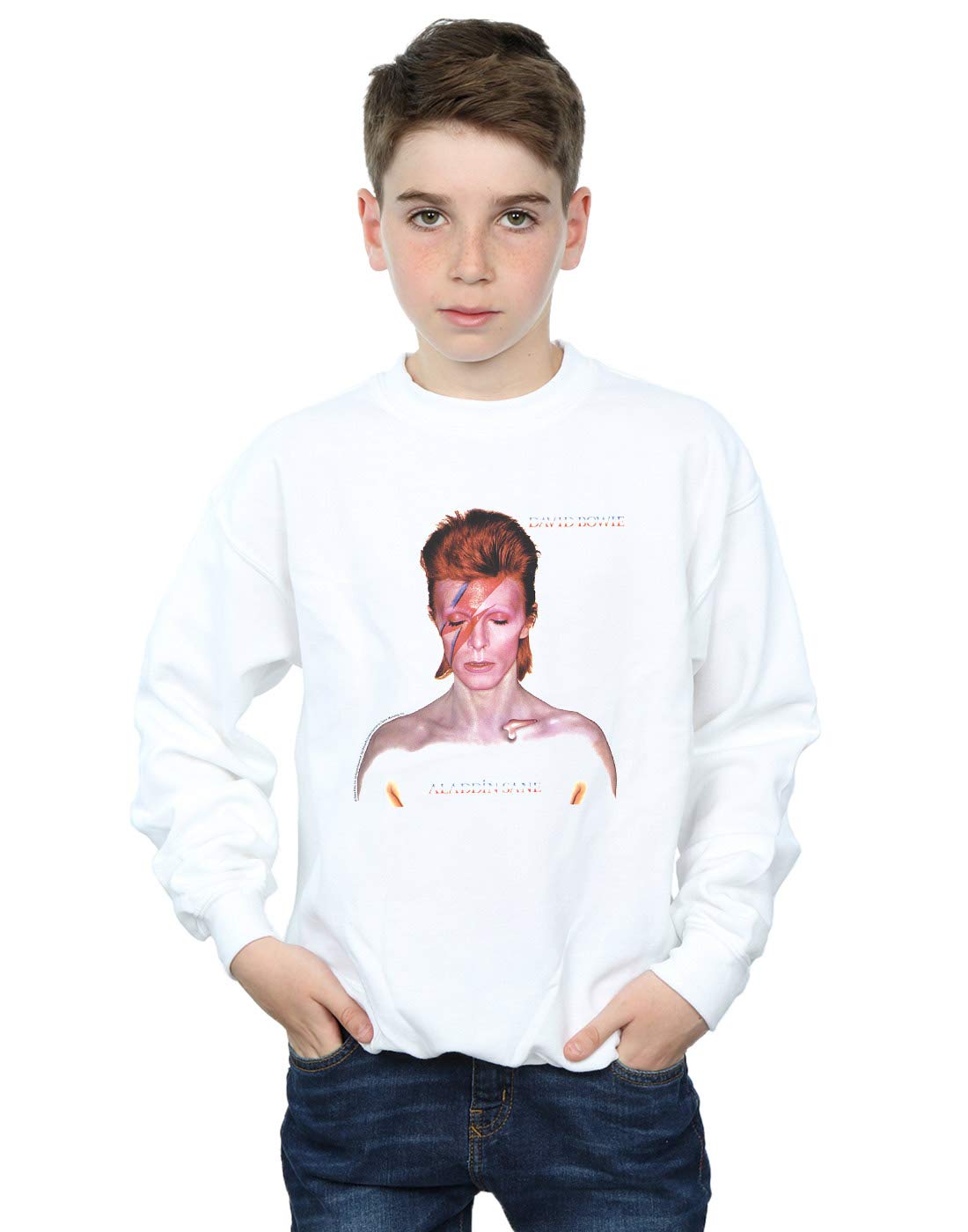 Absolute Cult Official Licensed David Bowie Aladdin Sane Distressed Boys Sweatshirt - Soft Fleece Crew Neck Sweatshirt, Front Graphic Print, Warm Jumper, Fan Gift, White