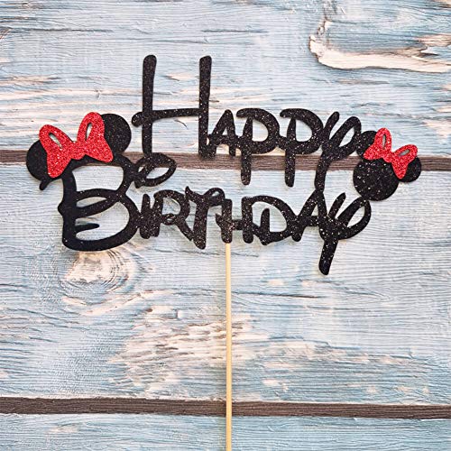 Minnie Happy Birthday Cake Topper With Bow Tie Glitter Mouse First Birthday Two Three Four Five Six Years Old Birthday Mouse Themed Kids Girls Birthday Party Cake Supplies Decoration #TOP3