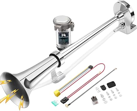 HK 12V 150db Air Horn, 18 Inches Chrome Zinc Single Trumpet Truck Air Horn with Compressor Powerful Loud 150db for Truck Boat SUV Train Sliver