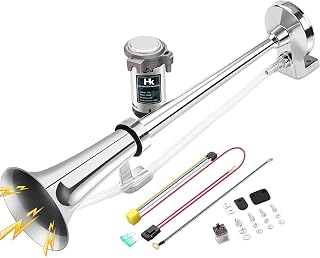 HK 12V 150db Air Horn, 18 Inches Chrome Zinc Single Trumpet Truck Air Horn with Compressor Powerful Loud 150db for Truck Boat SUV Train (Sliver)