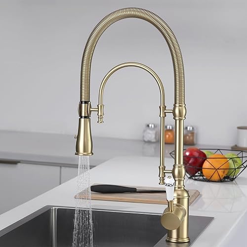 Miniatura 9 de KunMai Grifos de cocina de oro cepillado grifo de fregadero de cocina con rociador extraíble de arco alto grifo de cocina de doble modo