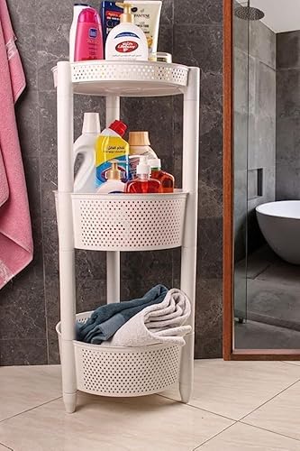 Round Trolley Kitchen Storage Cart with Fruit Vegetable Storage Baskets (White, 3 Layer)