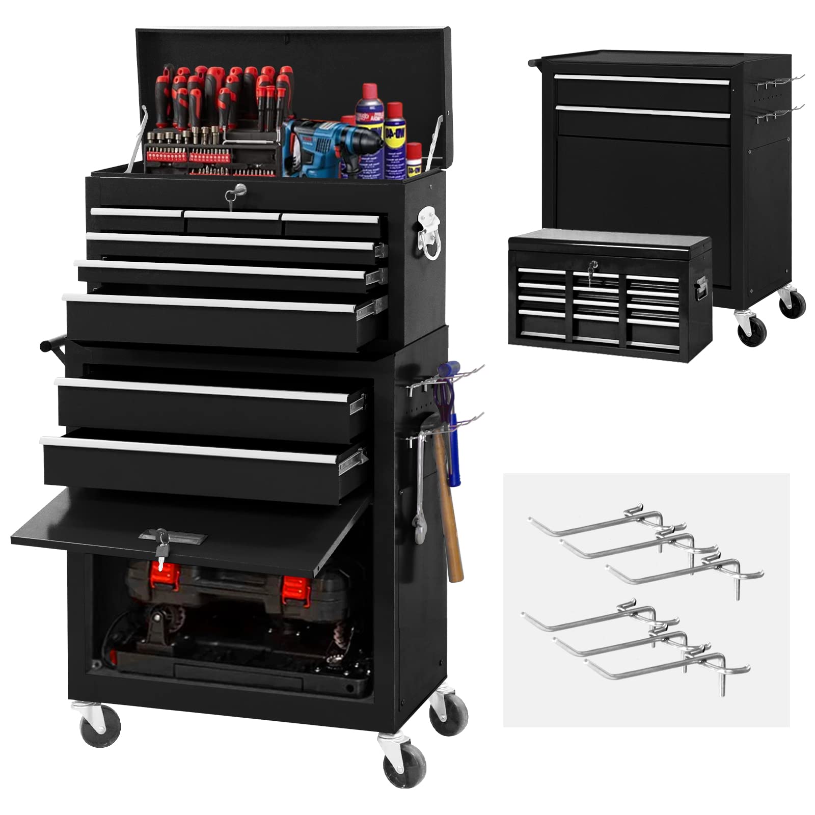 Rolling Tool Chest with Wheels, 8-Drawer Metal Garage Tool Chest, High Capacity Tool Cabinet with Drawers, 2-in-1 Detachable Steel Tool Box Chest Organizer Combo for Garage, Workshop, Warehouse, Black