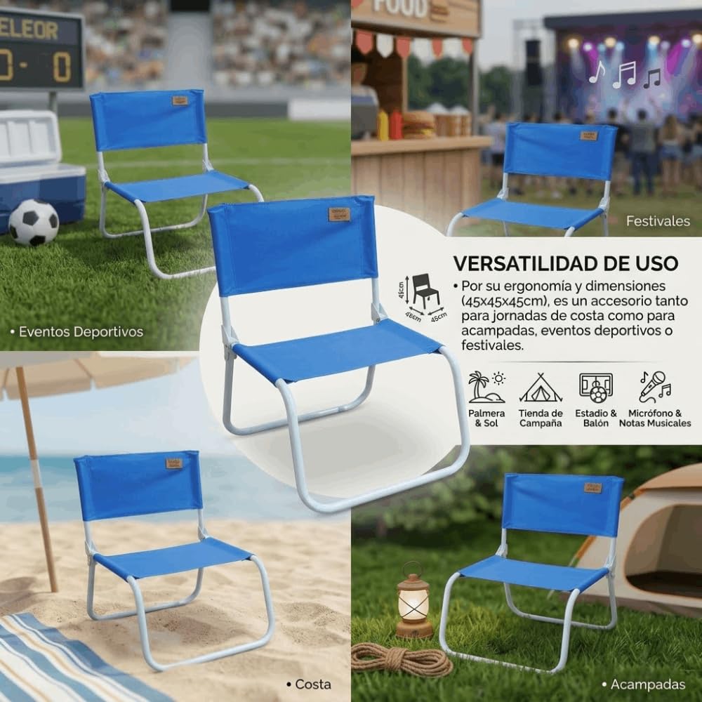 DEVESSPORT Kohala Lot de 2 chaises de plage basses pliables avec structure en acier et tissu polyester 600D haute résistance Bleu 45 x 45 x 45 cm