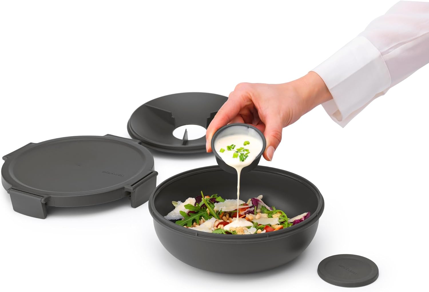 Brabantia Make & Take Salad Bowl with Removable Tray for Toppings & Dressings (Dark Gray) 100% Leakproof, Microwave & Freezer Safe Meal Prep Container
