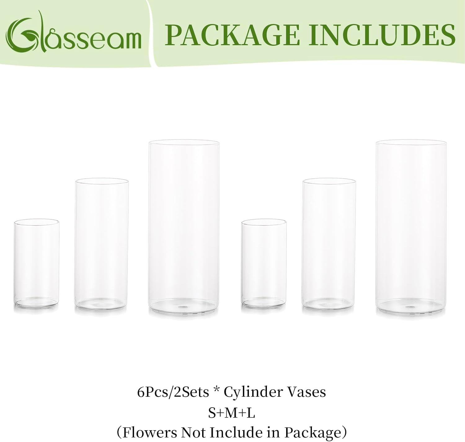 Glasseam Clear Cylinder Vases for Centerpieces, Glass Cylinder Vase Set of 6, Hurricane Vase for Flowers, Glass Cylinder Candle Holder for Pillar Candles, Floating Candle Vases for Wedding Decorations