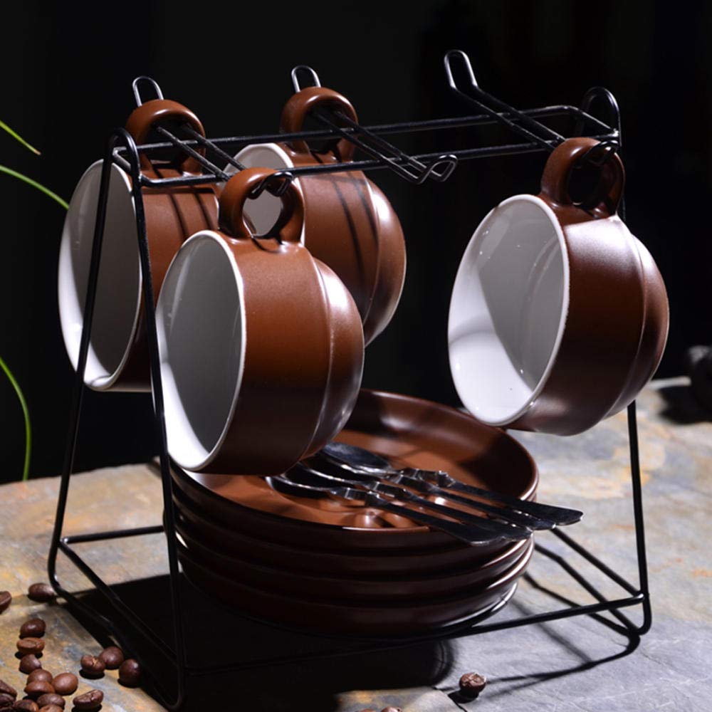 coffee cups set Set of 4 Espresso Set Ceramic Pure Color Tea Cup Latte With Plate Metal Holder Coffee Cup Dish 150ml@Brown 4 cups