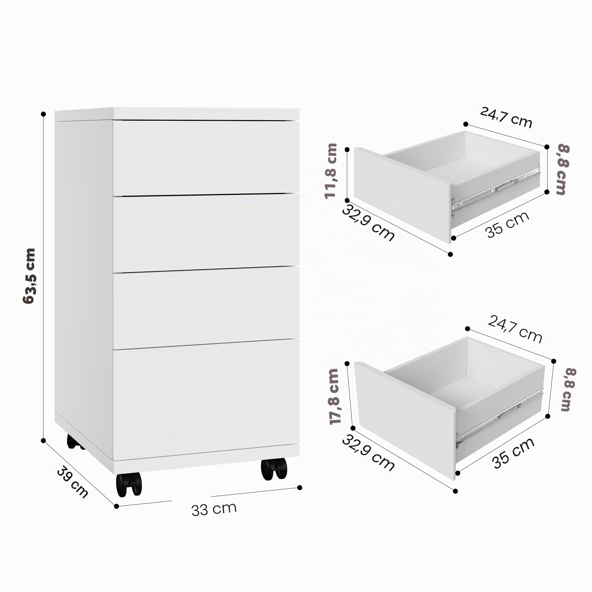 HOCSOK Caisson de Bureau 4 Tiroirs, Meuble de Rangement pour Dossier avec roulettes, Placard de Rangement Mobile (Blanc)