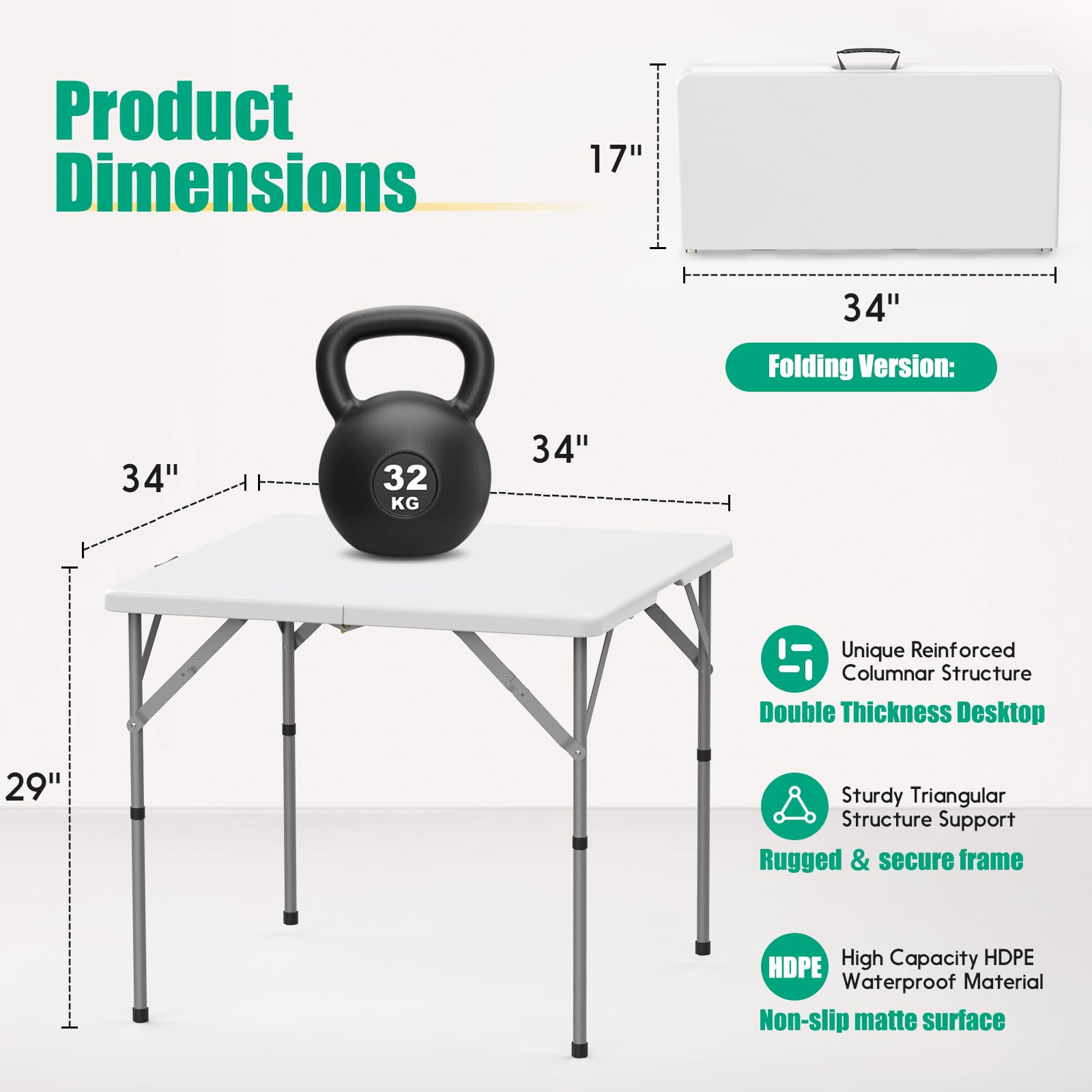 HLPB 86,4 cm quadratischer klappbarer Kartentisch, zusammenklappbarer tragbarer Esstisch mit Griff und Sicherheitsschloss, faltbarer Kunststoff-Esstisch für drinnen und draußen, für Camping, Picknick