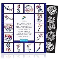Stencils Set for Temporary Tattoos, 146 Glitter Tattoo Stencils for Kids, Stenciles Kit for Glitter Tattoos for kids, Teens and Adults, Henna Tattoo Stencils, 5-10 Year Old Girl Gifts