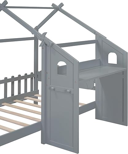 Miniatura 7 de Cama de casa para niños con cabecera decorativa de flores, cama de plataforma de madera tamaño individual con escritorio, divertida cama de casa de