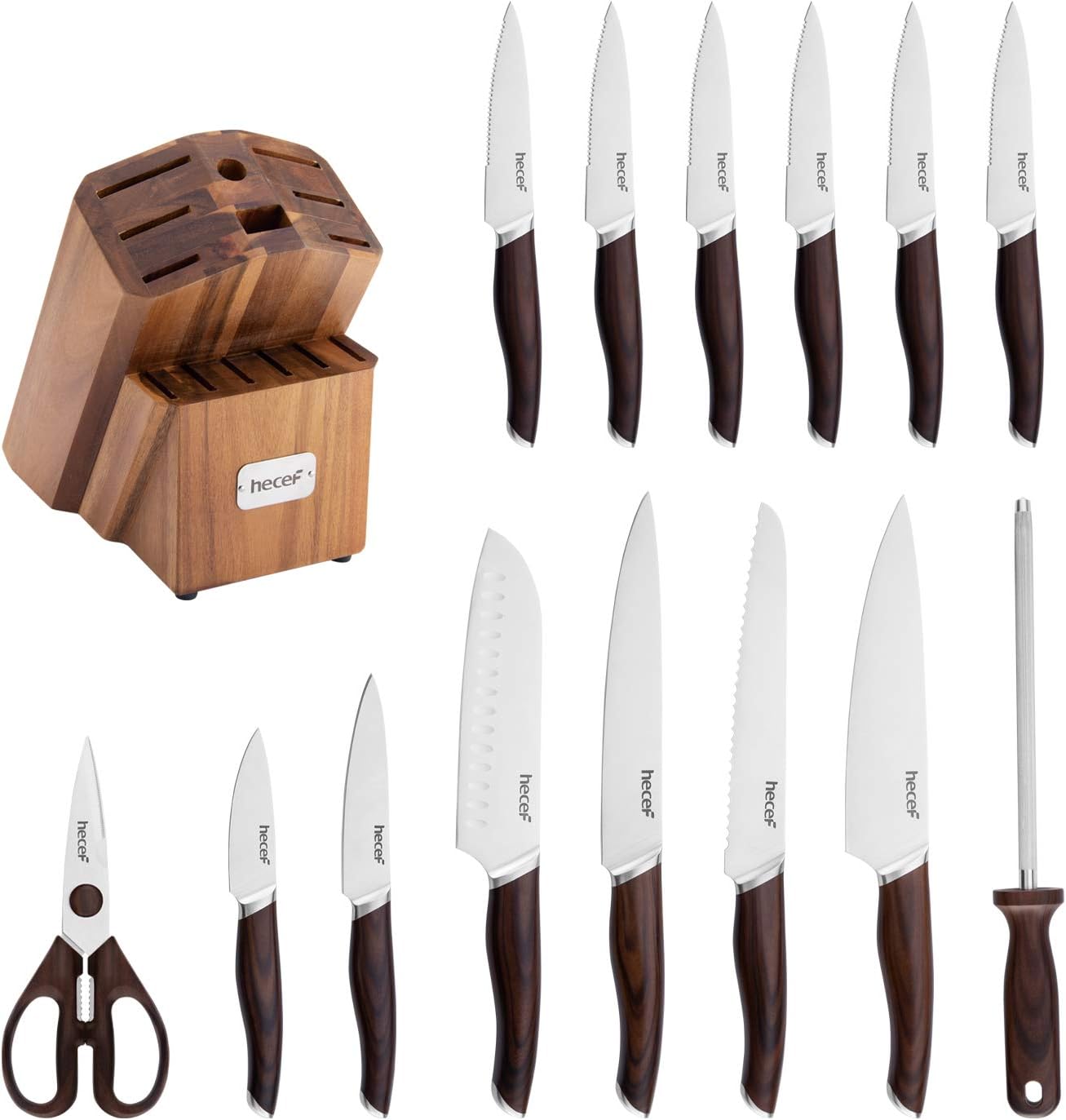 hecef 15 PCS Premium Cooking Knife Set with Wood Grain Handle, includes 8” Chef Knife, 8” Bread Knife, 8” Slicing Knife, 7” Santoku Knife, 5” Utility Knife, 3.5” Paring Knife and 5" Steak Knife