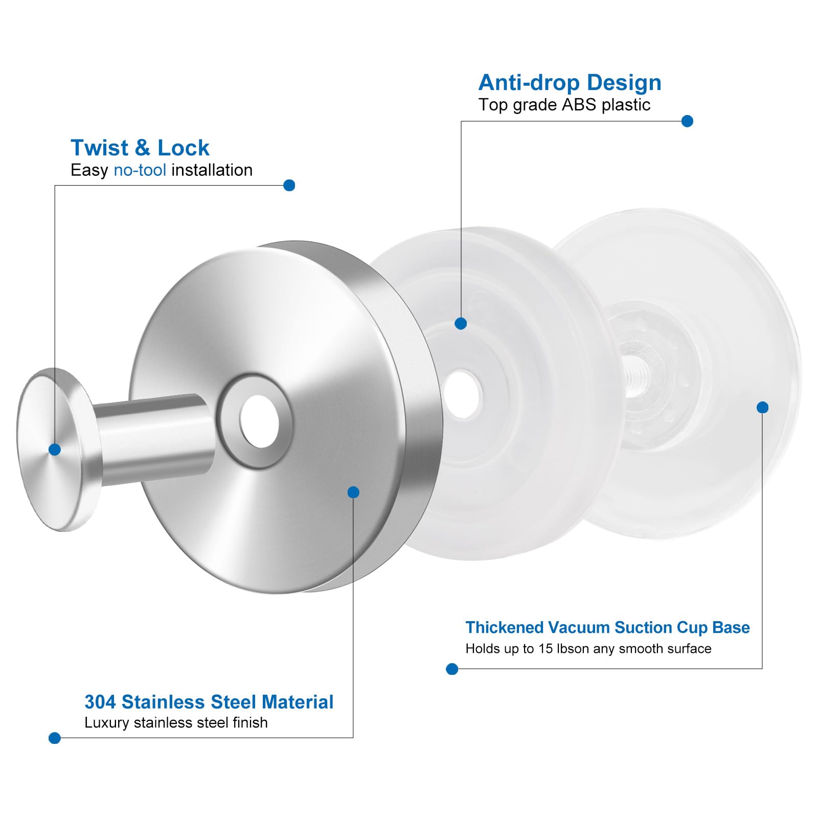 Suction Cup Hooks for Wreaths Holder Hanger on Glass Window Door, Heavy Duty Shower Towel Hook for Bathroom Stainless Steel, No Drill on Smooth Wall Glass Mirror Tile in Bedroom Kitchen (2, Silver)