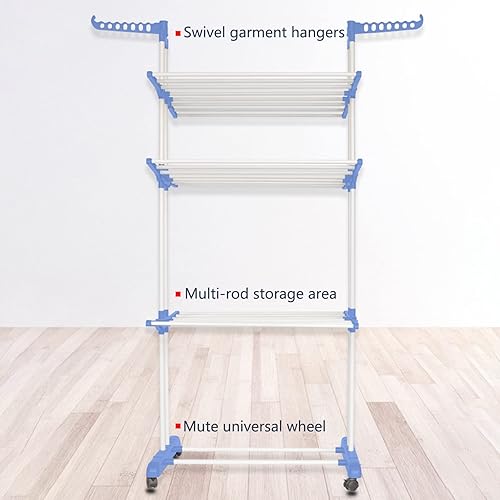 Miniatura 3 de Tendedero de secado de ropa, tendedero móvil con 4 ruedas, 3 niveles, soporte para secadora de ropa con dos alas laterales para el hogar (azul)