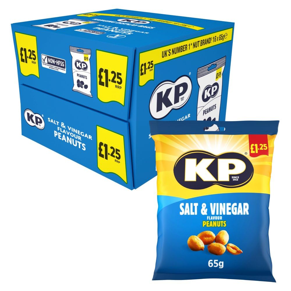 KP Peanuts Deliciously Crunchy, 16 x 65g Portion Packs (Salt & Vinegar Peanuts)