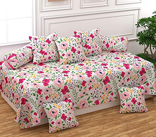 Image of Microfiber Fabric 8Pcs Diwan Blend Set of 60X90 Inch 1Bedsheet 16x16inch 5Cushion Covers 18x28 inch 2Bolster Covers (White Floral)