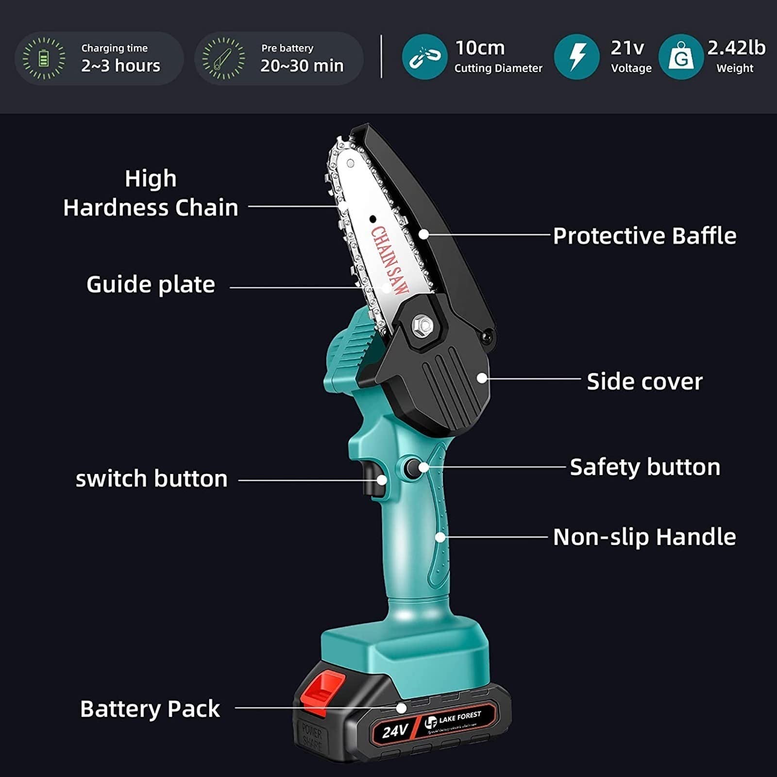4-calowa Mini elektryczna piła łańcuchowa 21 V,bezprzewodowy Przenośna Ręczna Piła łańcuchowa do Ogrodnictwa,z ładowarką i 4500mAH 2 baterią,2 łańcuchy,cięcia drewna, drzew, gałęzi, drewna