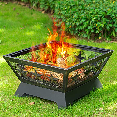 Amagabeli Fire Pit Outdoor Wood Burning 24In With Cover Fireplace Poker Spark Screen Retardant Mesh Lid Extra Deep Large Square Outside Patio Backyard Deck Heavy Duty Metal Grate Rustproof Bronze #TOP4
