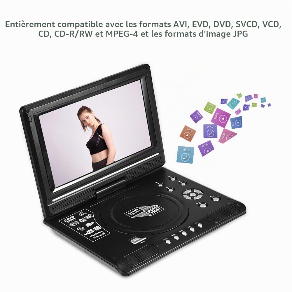 Garsent Lecteur DVD Portable, 9 Pouces LCD Lecteur Vidéo avec 270° Écran Rotatif, Radio FM, Batterie Rechargeable Support Carte SD, Format USB AV CD VCD.(EU)