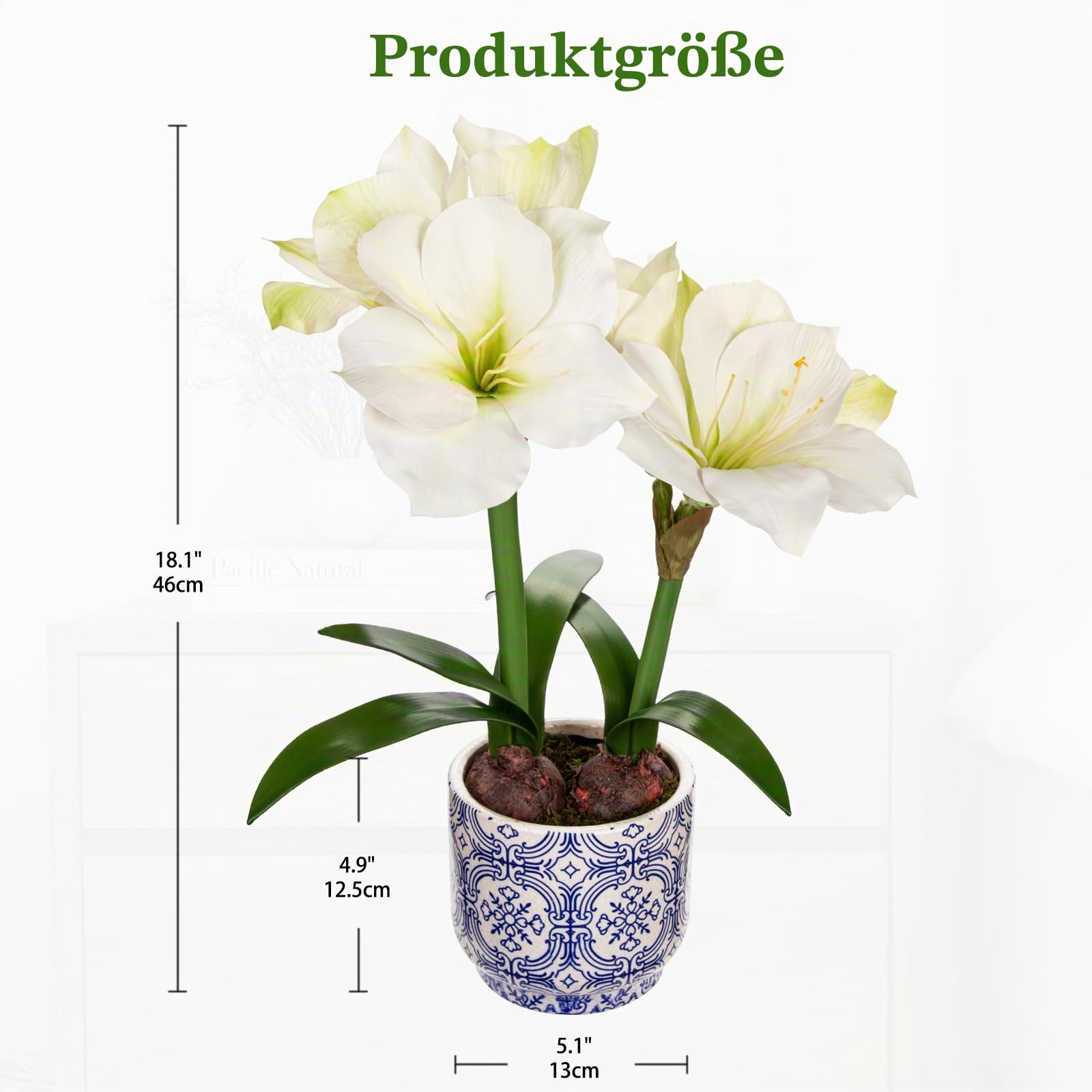 künstliche Blume Künstliche Amaryllis im Topf 46 cm Dekoblumen | Unechte Blumen im Topf aus Keramik Weiße Blumen in Vase für Modern Vintage Boho Deko auf Tisch Regal Balkon Fensterbank