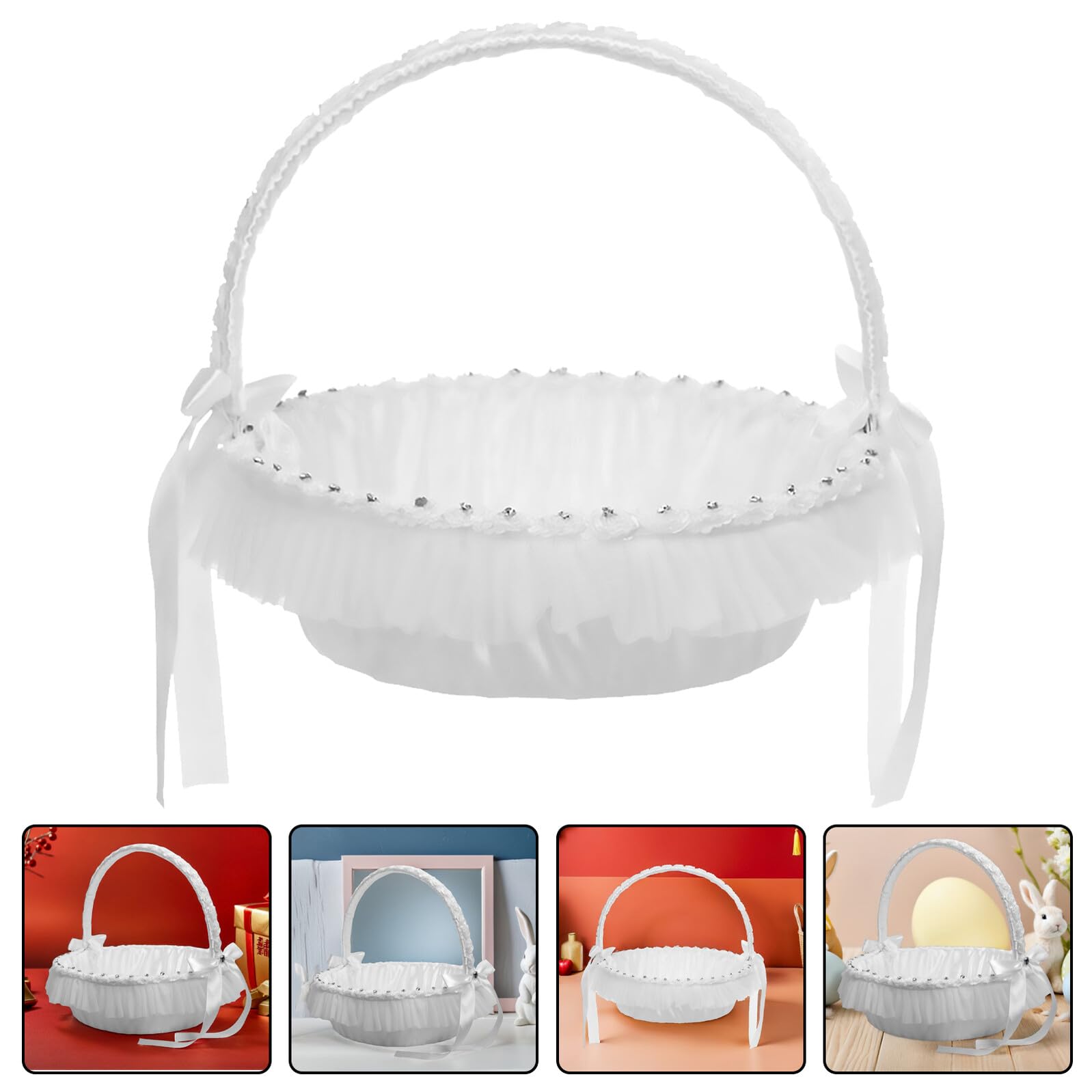 Hochzeitsblumenkorb aus Spitze mit Strass, Weiß, 1 Stück | Leicht und Handlich, Polyester Ausführung, für Kinder bei Bankett und Hochzeit
