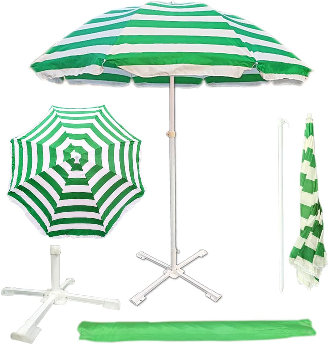 Garden Umbrella with Base Stand 8ft Green Stripe Color Big Size Outdoor Waterproof & Sun Protaction Umbrella Heavy Duty Cloth with Patio Garden Outdoor Umbrella (8ft) (Green)