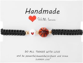 Dainty Adjustable Unisex Soccer Football Rugby Baseball Braided Sports Bracelets With Card Handmade Beaded Ball Charm Bracelets for Women Men Sports Team Party Favors Jewelry Gifts