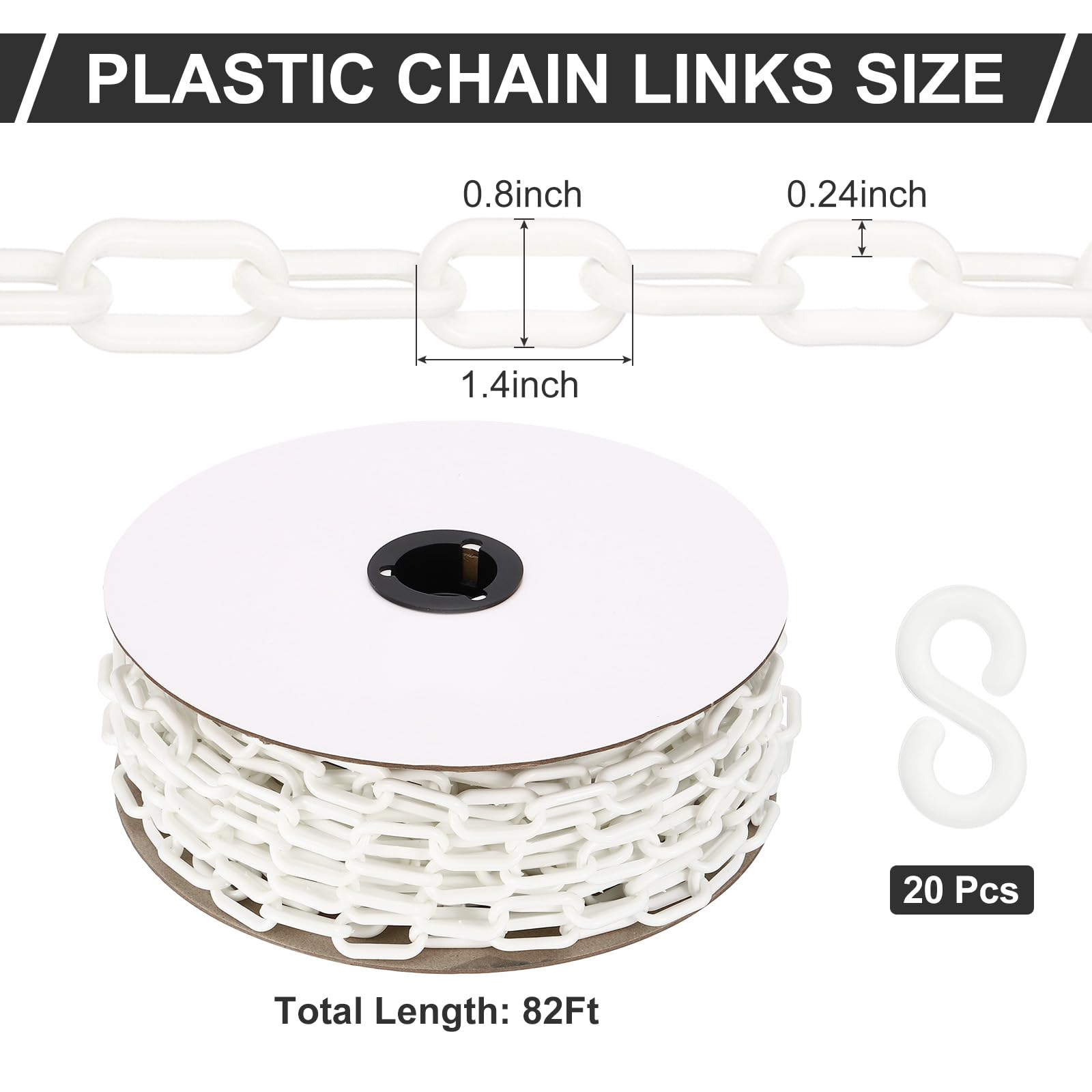 PATIKIL Chaîne en Plastique, 82 Pieds de Chaîne de Sécurité pour le Contrôle des Foules, Maillons de Chaîne en Plastique Blanc de 1/4 Pouce (6 mm) pour Files d'Attente, Stationnement