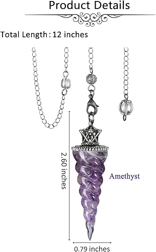 Miniatura 5 de Jovivi Péndulos de cristal de amatista natural para radiestesia de adivinación, corona de cono de espiral, péndulo puntiagudo con cadena, piedras de